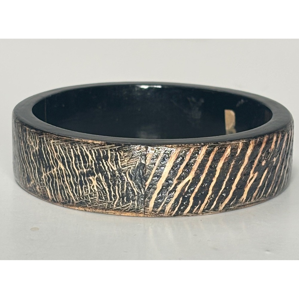 Vintage Tribal Wood Boho Bangle Bracelet Carved Zebra Stripe Pattern